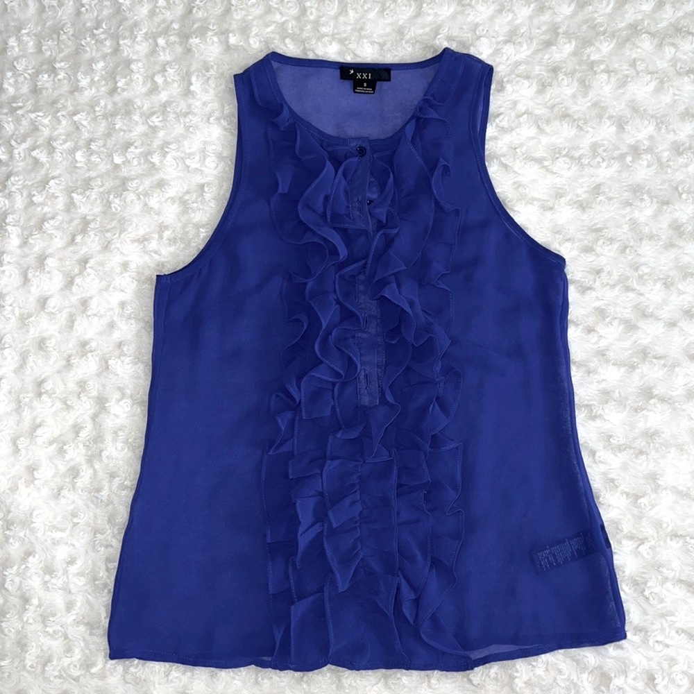 Forever 21 Royal Purple Sleeveless Blouse Ruffle Detail Button Down